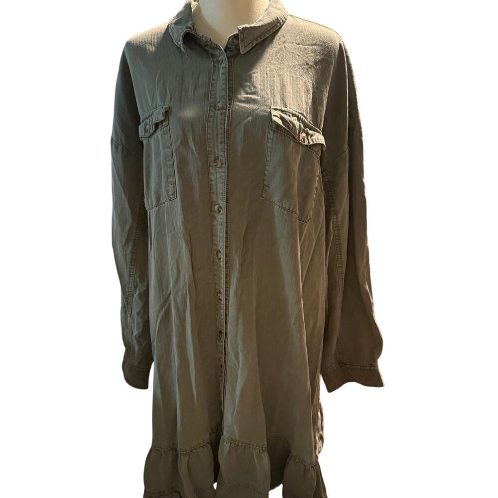Pilcro Anthropologie Lyocell Utility Shirt Dress, Olive Green, Ruffle Hem, XL